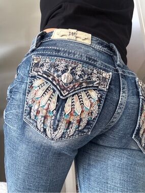 Womens Miss Me Jeans Size 26 x 30 Mid Rise Boot Angel Wing Y2K Rhinestones Blue